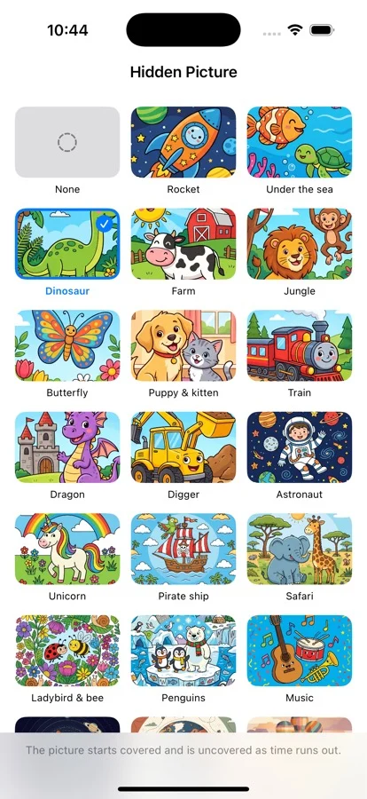 A scrolling grid of hidden picture thumbnails including a rocket, a dinosaur, a farm, a jungle, a butterfly, a train, a dragon, a digger, an astronaut, a unicorn, a pirate ship, a safari and penguins.
